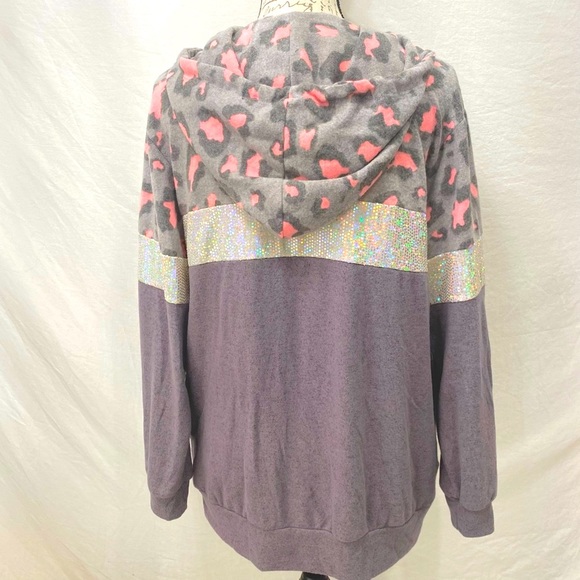 Sequin Embellished Pink and Gray Animal Print Attached Hood Sweatshirt NWT S - Picture 7 of 13